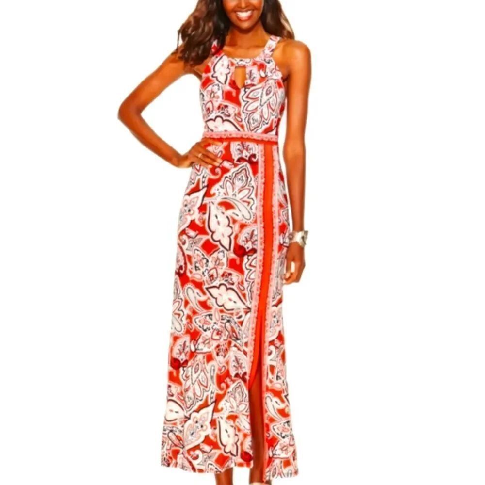 INC International Concepts Red Maxi Dress. Beachy, Cruise, Abstract Floral